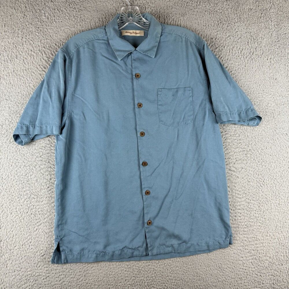 Tommy Bahama Caribbean Stud Silk Rayon Shirt Mens Small S/P Blue Card (Stains)